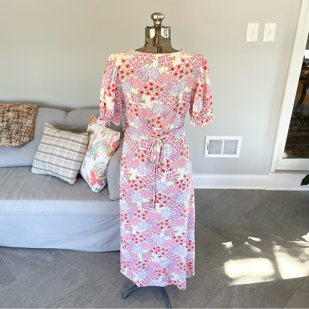 XS, S pink floral puff sleeve midi dress w/slip low cut V-neck dress - Picture 8 of 9